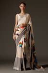 Buy_Rohit Bal_Cream Crepe Print Parrot Bird Saree And Unstitched Blouse Piece Set _at_Aza_Fashions