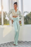 Buy_Masumi Mewawalla x AZA_Green Mashroo Embroidered Floral Notched Lapel Crop Blazer And Draped Skirt Set _at_Aza_Fashions