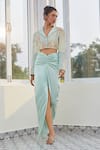 Buy_Masumi Mewawalla x AZA_Green Mashroo Embroidered Floral Notched Lapel Crop Blazer And Draped Skirt Set _Online_at_Aza_Fashions