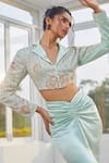 Shop_Masumi Mewawalla x AZA_Green Mashroo Embroidered Floral Notched Lapel Crop Blazer And Draped Skirt Set _Online