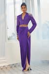 Shop_Masumi Mewawalla x AZA_Purple Mashroo Embroidered Floral Notched Lapel Crop Blazer And Draped Skirt Set _at_Aza_Fashions