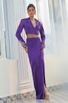 Shop_Masumi Mewawalla x AZA_Purple Mashroo Embroidered Floral Notched Lapel Crop Blazer And Draped Skirt Set _Online_at_Aza_Fashions