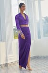 Masumi Mewawalla x AZA_Purple Mashroo Embroidered Floral Notched Lapel Crop Blazer And Draped Skirt Set _at_Aza_Fashions