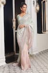 Masumi Mewawalla x AZA_Green Tissue Embroidered Floral Broad V Neck Pre-draped Saree With Blouse _Online_at_Aza_Fashions