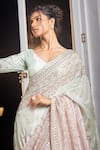 Masumi Mewawalla x AZA_Green Tissue Embroidered Floral Broad V Neck Pre-draped Saree With Blouse _Online