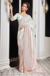 Masumi Mewawalla x AZA_Green Tissue Embroidered Floral Broad V Neck Pre-draped Saree With Blouse 