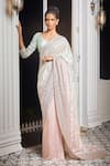 Masumi Mewawalla x AZA_Green Tissue Embroidered Floral Broad V Neck Pre-draped Saree With Blouse 