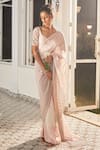 Shop_Masumi Mewawalla x AZA_Pink Tissue Embroidered Floral Broad Leaf Neck Pre-draped Saree With Blouse _at_Aza_Fashions