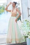 Masumi Mewawalla x AZA_Pink Tissue Embroidered Floral Plunged V Neck Color Block Lehenga Set 