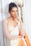 Masumi Mewawalla x AZA_Beige Natural Crepe Embroidered Linear Sunset Ombre Pre-draped Saree With Blouse _at_Aza_Fashions