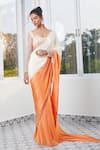 Buy_Masumi Mewawalla x AZA_Beige Natural Crepe Embroidered Linear Sunset Ombre Pre-draped Saree With Blouse _Online