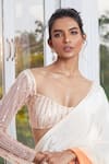 Shop_Masumi Mewawalla x AZA_Beige Natural Crepe Embroidered Linear Sunset Ombre Pre-draped Saree With Blouse _at_Aza_Fashions