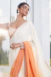 Masumi Mewawalla x AZA_Beige Natural Crepe Embroidered Linear Sunset Ombre Pre-draped Saree With Blouse 