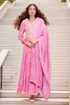 Buy_Samyukta Singhania_Pink Chanderi Embroidered Gota V Neck Leheriya Pattern Anarkali With Dupatta _at_Aza_Fashions