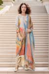 Buy_Samyukta Singhania_Beige Silk Blend Printed Thread Round Leaf Kurta Pant Set _at_Aza_Fashions