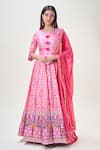 Shop_Samyukta Singhania_Pink Doll Silk Print Floral V Neck Abstract Anarkali With Dupatta 