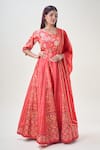 Shop_Samyukta Singhania_Red Doll Silk Print Floral V Neck Flower Garden Anarkali With Dupatta 