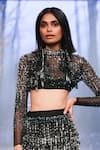 Shop_Nirmooha_Black Net Embroidered Sequin Closed Round Sheer Crop Top With Skirt _Online_at_Aza_Fashions