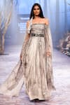 Buy_Nirmooha_White Lurex Printed Forest Off Shoulder Fog Shimmer Gown _at_Aza_Fashions