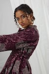 Nirmooha_Wine Crepe Embroidered Beads Notched Lapel Sequin Peplum Jacket With Skirt _Online_at_Aza_Fashions