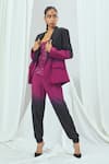 Buy_Nirmooha_Wine Net Embroidered Beads Blazer Notched Lapel Ombre With Joggers Set _at_Aza_Fashions