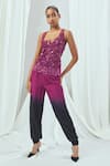 Nirmooha_Wine Net Embroidered Beads Blazer Notched Lapel Ombre With Joggers Set _at_Aza_Fashions