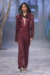 Nirmooha_Wine Embroidered Plunge Jumpsuit With Blazer _Online_at_Aza_Fashions