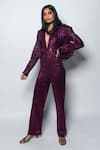 Nirmooha_Wine Embroidered Plunge Jumpsuit With Blazer _at_Aza_Fashions