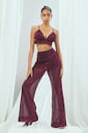 Buy_Nirmooha_Wine Platinoir (metallic) Plain Plunge Bralette With Flared Pant _at_Aza_Fashions