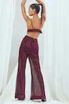 Nirmooha_Wine Platinoir (metallic) Plain Plunge Bralette With Flared Pant _Online_at_Aza_Fashions