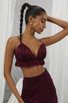 Shop_Nirmooha_Wine Platinoir (metallic) Plain Plunge Bralette With Flared Pant _at_Aza_Fashions