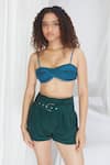 Shop_Nirmooha_Blue Crepe Pleated Square Bralette With Shorts _Online_at_Aza_Fashions