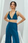 Nirmooha_Blue Plunge Bralette With Pant _Online_at_Aza_Fashions