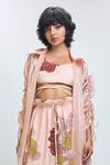 Nirmooha_Peach Modal Satin Printed Big Leaf Coat Collared Pant Set With Overcoat _Online_at_Aza_Fashions