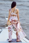 Shop_Nirmooha_Peach Modal Satin Printed Patola Plunge Top With Slit Pant _at_Aza_Fashions