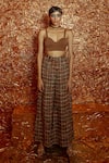 Buy_Nirmooha_Brown Pant Tweed Woven Checkered Sweetheart Plain Bustier With Flared _at_Aza_Fashions