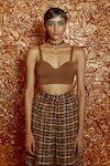 Nirmooha_Brown Pant Tweed Woven Checkered Sweetheart Plain Bustier With Flared _Online_at_Aza_Fashions