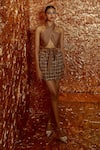 Buy_Nirmooha_Brown Skirt Tweed Woven Checkered Halter Neck Corded Textured Wrap Top With _at_Aza_Fashions