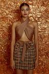 Nirmooha_Brown Skirt Tweed Woven Checkered Halter Neck Corded Textured Wrap Top With _Online_at_Aza_Fashions