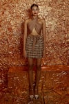 Buy_Nirmooha_Brown Skirt Tweed Woven Checkered Halter Neck Corded Textured Wrap Top With _Online_at_Aza_Fashions