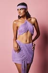 Nirmooha_Purple Mercedes Embellished Beads Halter Neck Tassel Skirt With Crop Top _Online_at_Aza_Fashions