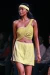 Shop_Nirmooha_Yellow Lurex Embellished Beads One Shoulder Overlap Skirt With Crop Top _Online_at_Aza_Fashions