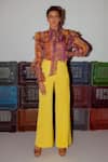 Buy_Nirmooha_Yellow Micro Printed Geometric Tie-up Ruffle Shirt With Pant _at_Aza_Fashions