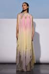 Buy_AKHL_Pink Chiffon (100% Viscose) Hand Dyed Mirror Metallic Trims High Detailed Kaftan _at_Aza_Fashions