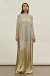 Buy_AKHL_Silver Satin (20% Polyester 80% Rayon) Hand Embroidered Metallic Yarn Kaftan _at_Aza_Fashions