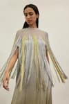 AKHL_Silver Satin (20% Polyester 80% Rayon) Hand Embroidered Metallic Yarn Kaftan _Online_at_Aza_Fashions