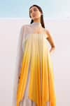 AKHL_Yellow Chiffon (100% Viscose) Hand Embroidered Kaftan And Scarf Ombre With _Online_at_Aza_Fashions