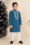 LITTLE BOYS CLOSET_Blue Cotton Silk Embroidery Geometric Motif Kurta With Pyjama _Online_at_Aza_Fashions