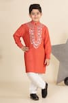 Buy_LITTLE BOYS CLOSET_Orange Cotton Silk Embroidery Rexine Kurta With Pyjama _at_Aza_Fashions