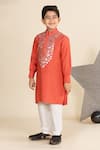 Shop_LITTLE BOYS CLOSET_Orange Cotton Silk Embroidery Rexine Kurta With Pyjama _at_Aza_Fashions